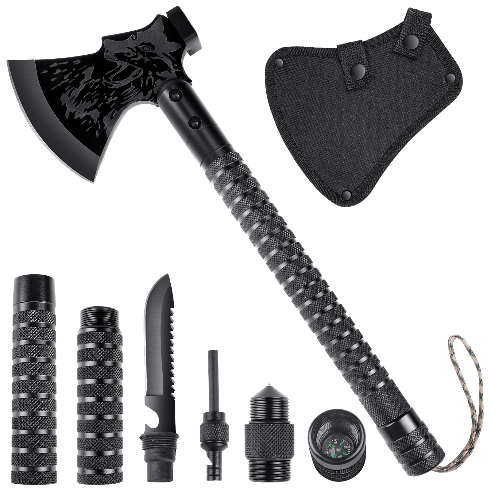 FUSIONKEI 10-in-1 Survival Axe – Tactical Multi-Tool with Knife, Compass, Hammer & More