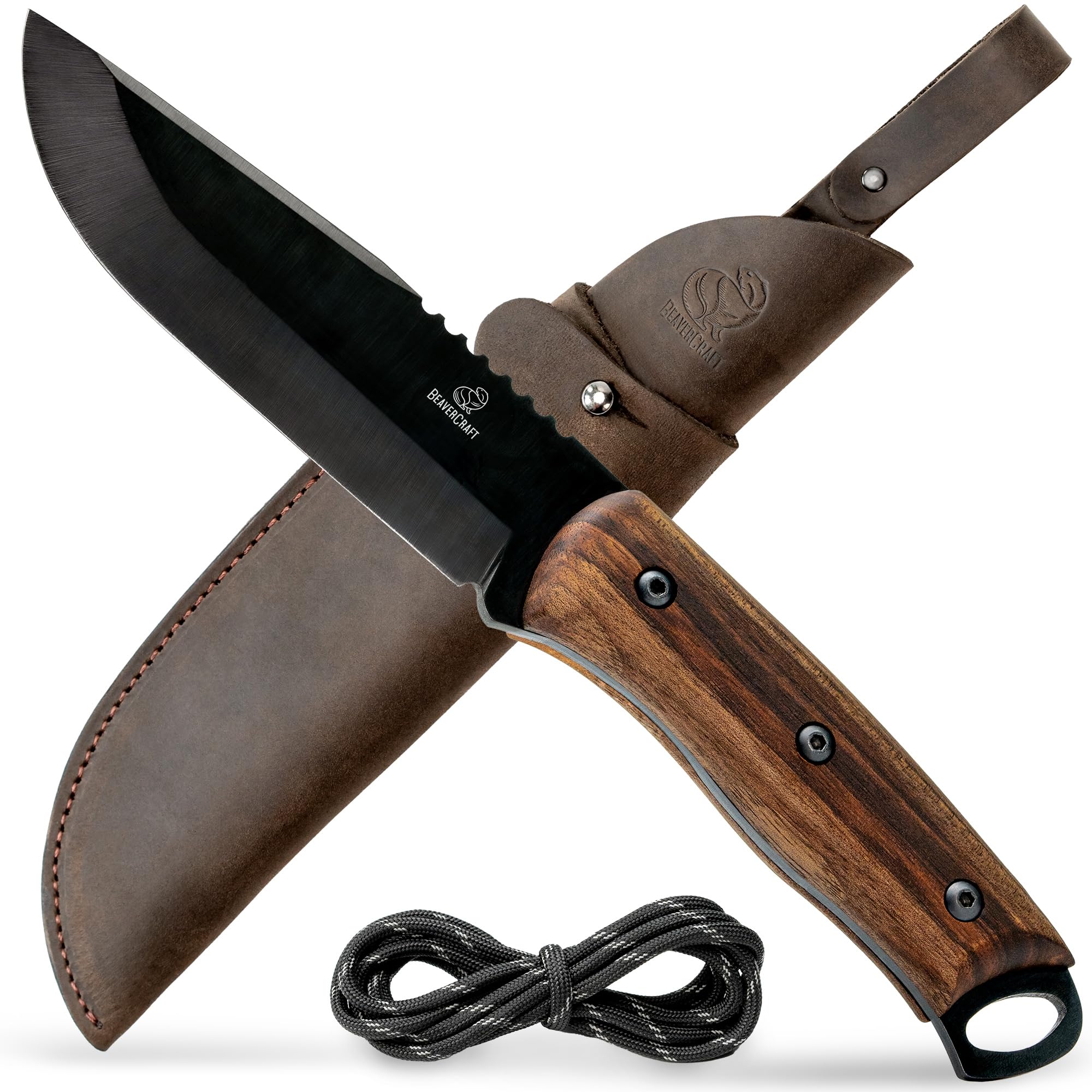 BeaverCraft Full Tang Bushcraft Knife – 1066 Carbon Steel with Leather Sheath