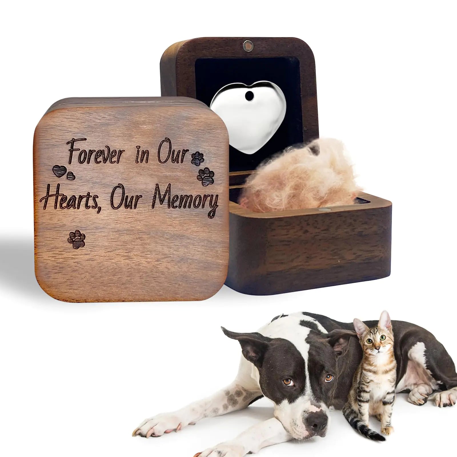 Pet Hair Keepsake Box - Walnut Wood Memorial Box for Dog & Cat Fur | New