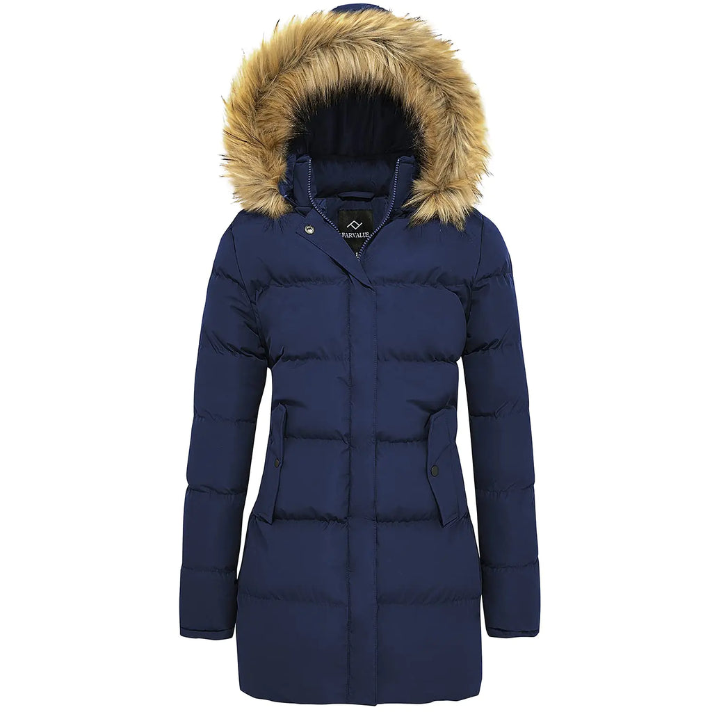 Women's Quilted Puffer Coat with Fur Hood