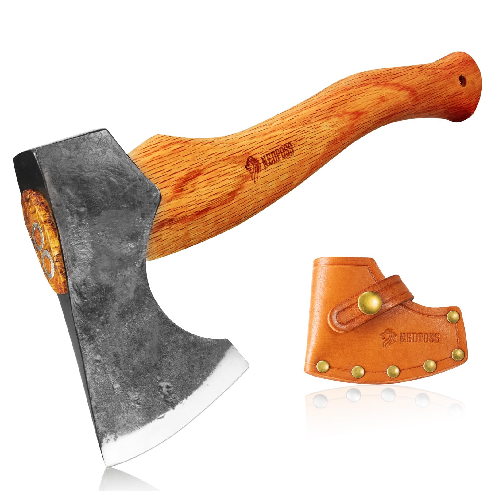 NedFoss 13" Forged Carbon Steel Camping Hatchet – Bearded Axe with Beech Handle & Leather Sheath