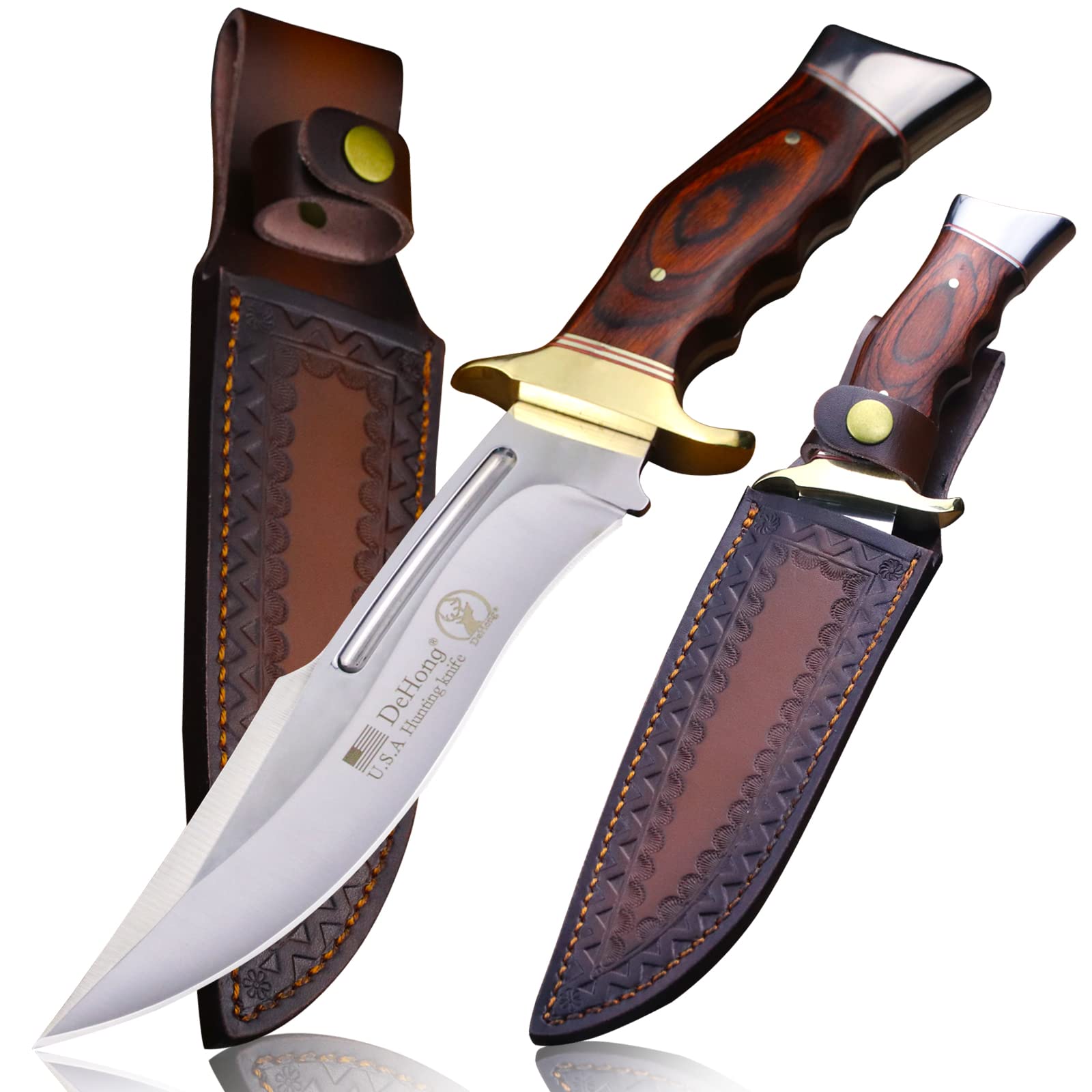 440C Steel Hunting & Camp Knife – 7.25" Fixed Blade with Wood Handle & Leather Sheath