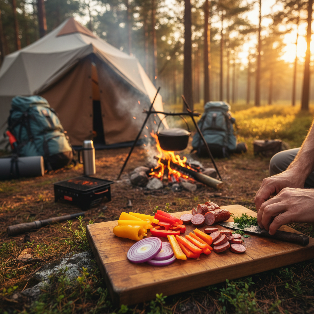 Wooden cutting board at wilderness bivouac campsite outdoor cooking
