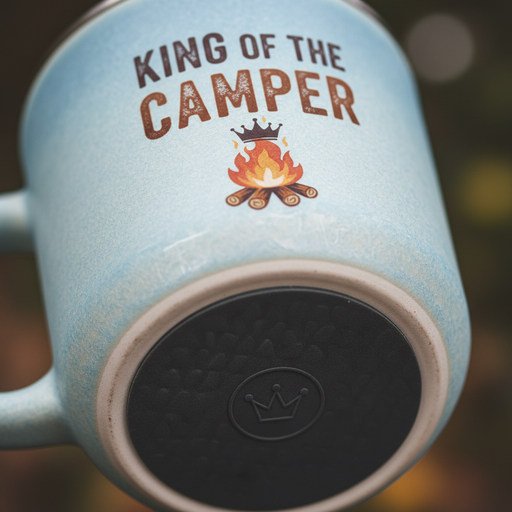 Close-up of King of the Camper mug frosted exterior and quality print