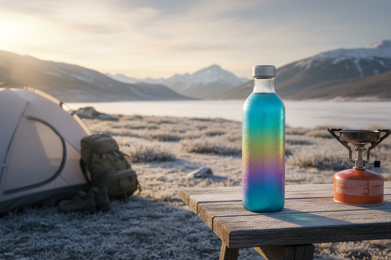 Colorful gradient water bottle at camping site with wilderness landscape