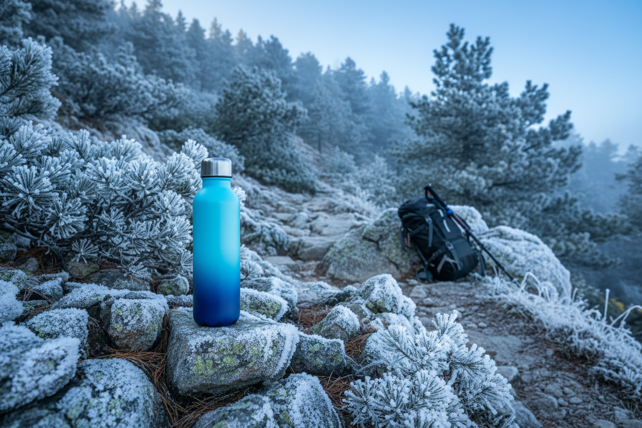 Gradient sports water bottle on mountain trail with frost-covered rocks and hiking gear