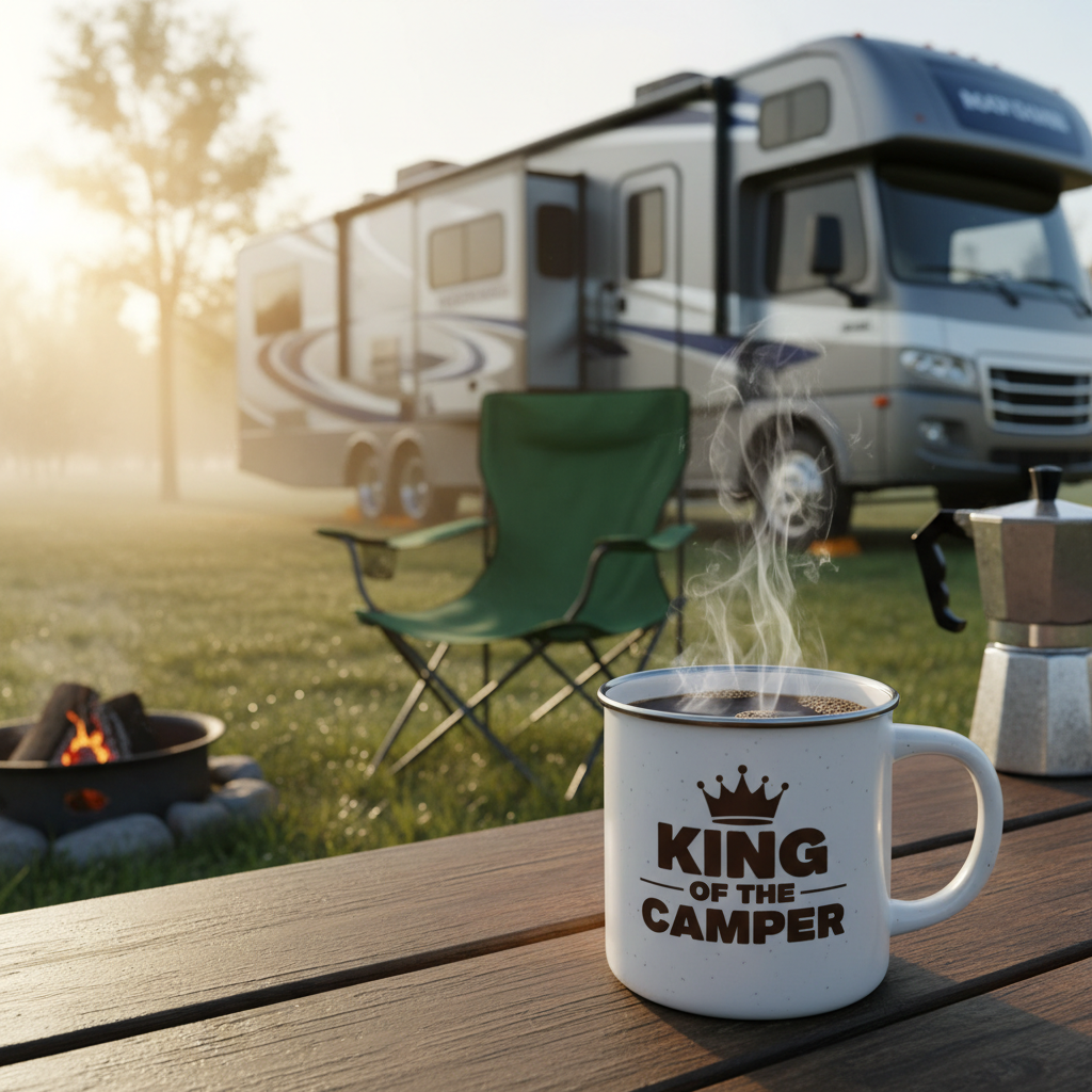 King of the Camper mug with coffee at RV campsite