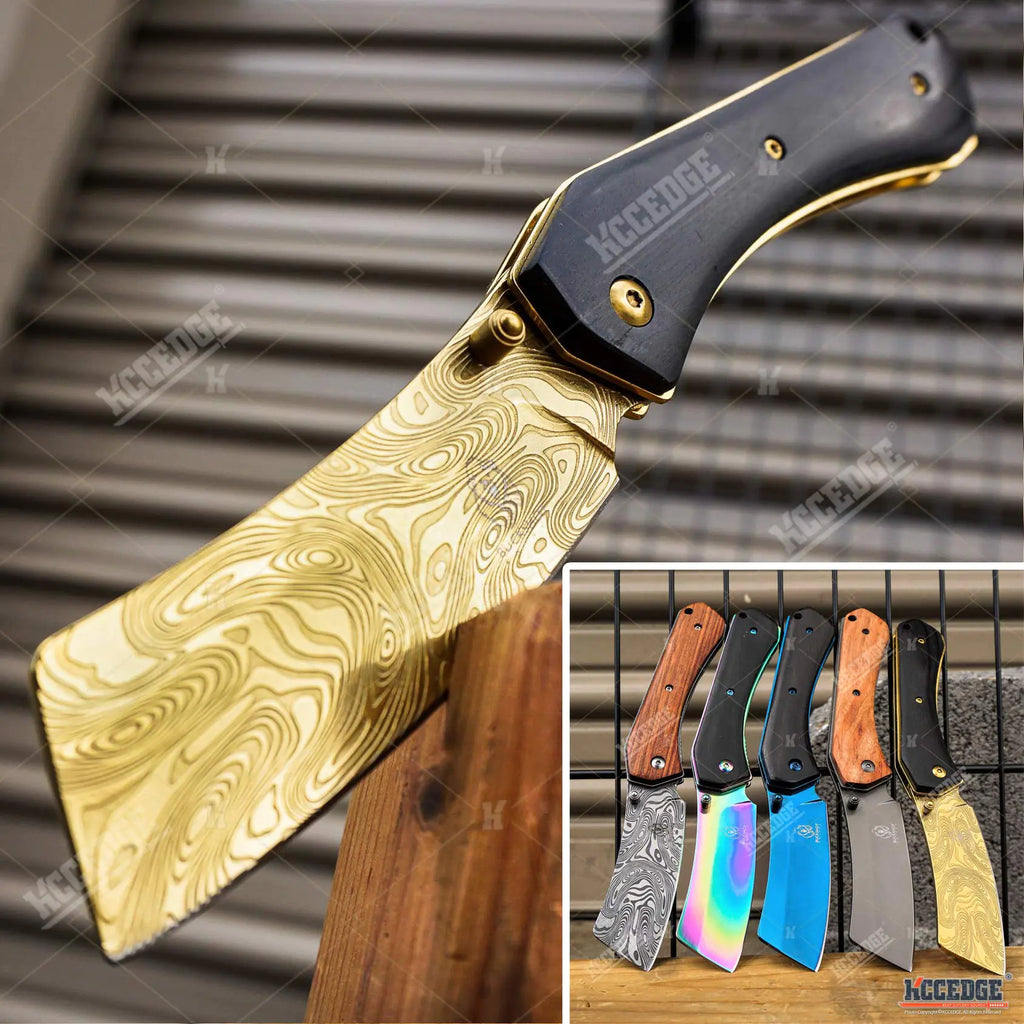 EDC Cleaver Folding Knife 8" - Razor Sharp 3Cr13 Steel Blade (Black Gold)