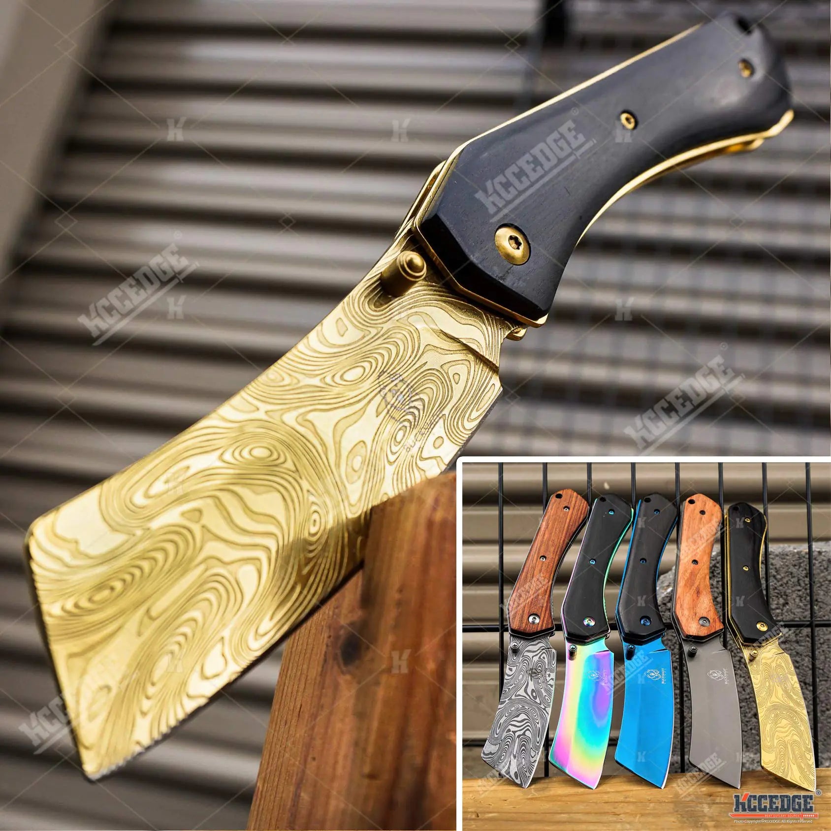 EDC Cleaver Folding Knife 8" - Razor Sharp 3Cr13 Steel Blade (Black Gold)