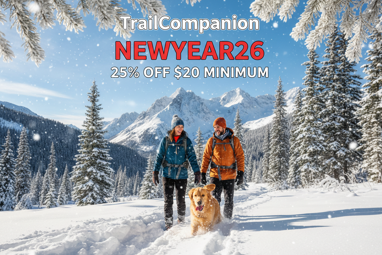NEWYEAR26 code promotion with an outdoor type of background, with TrailCampanion title 25% off 20$ minimum make it realistic with a dog and a man and woman living an adventure in the wild word, hiking having fun snowing green trees 🌲 beautiful mountains 🏔️ 