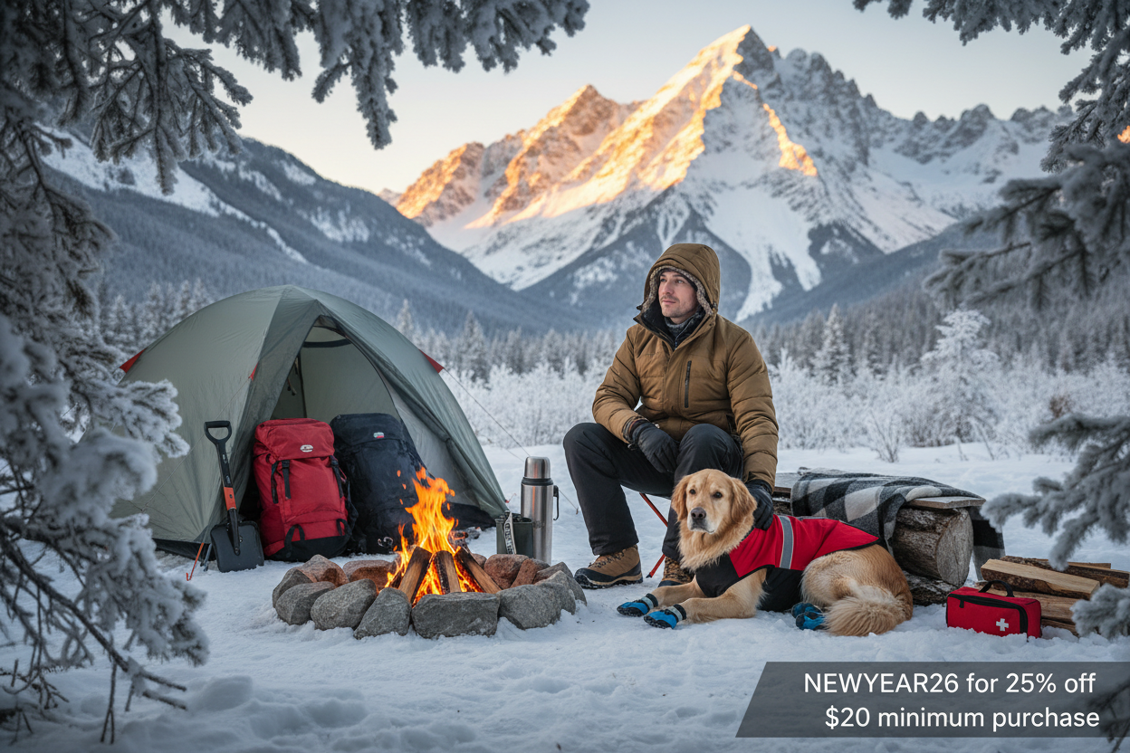 Prend la dernière et rajoute un chien avec lui en train de vivre le fun de l’hiver et du camping style bivouac, kit de survive feux de camp avec le chien habiller pour pas avoir froid avec nos produit special canin, en montagne realiste et avec le code NEWYEAR26 for 25% off 20$ minimum purchase 