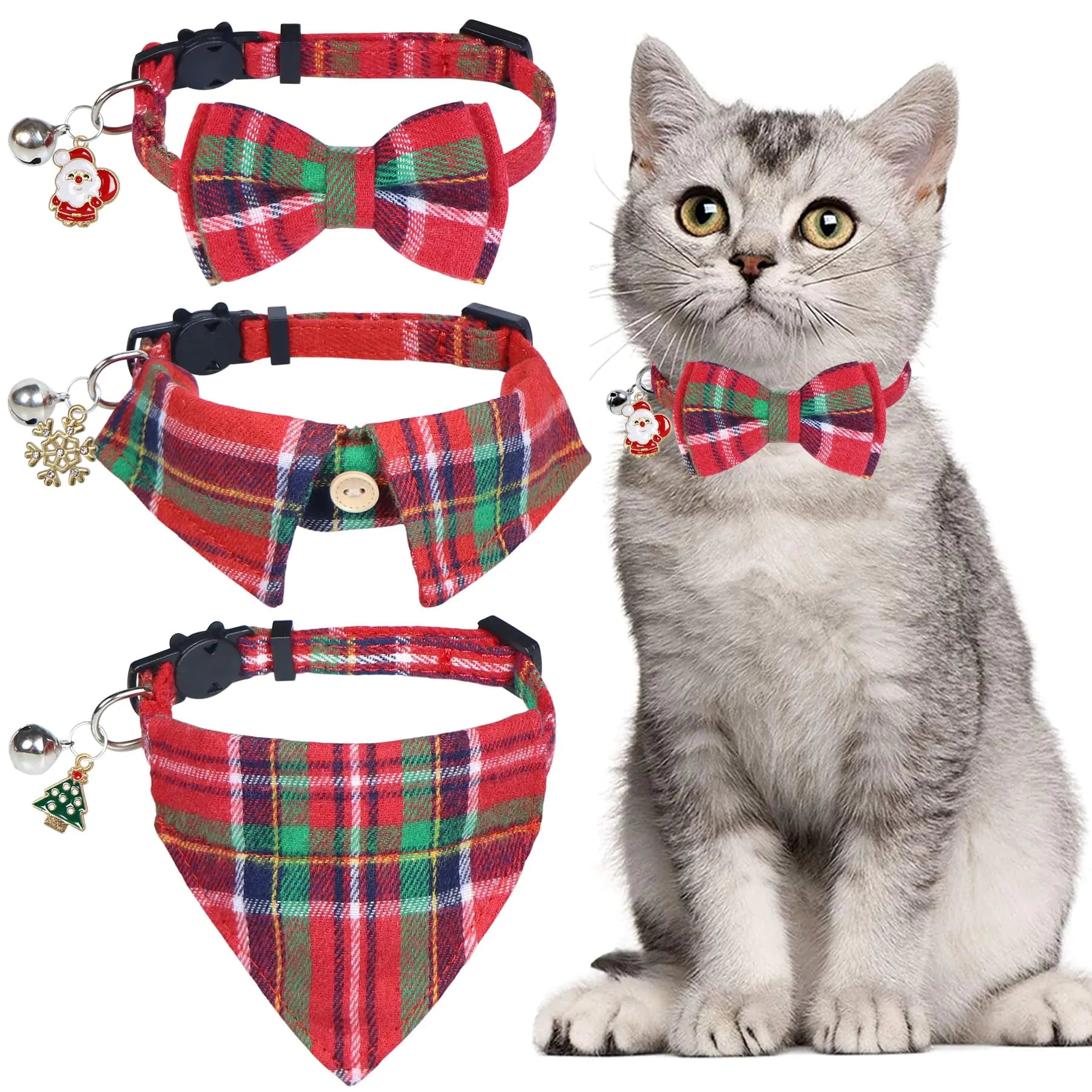 STMK Christmas Cat Collars 3-Pack - Breakaway Collars with Bell & Bow Tie | New