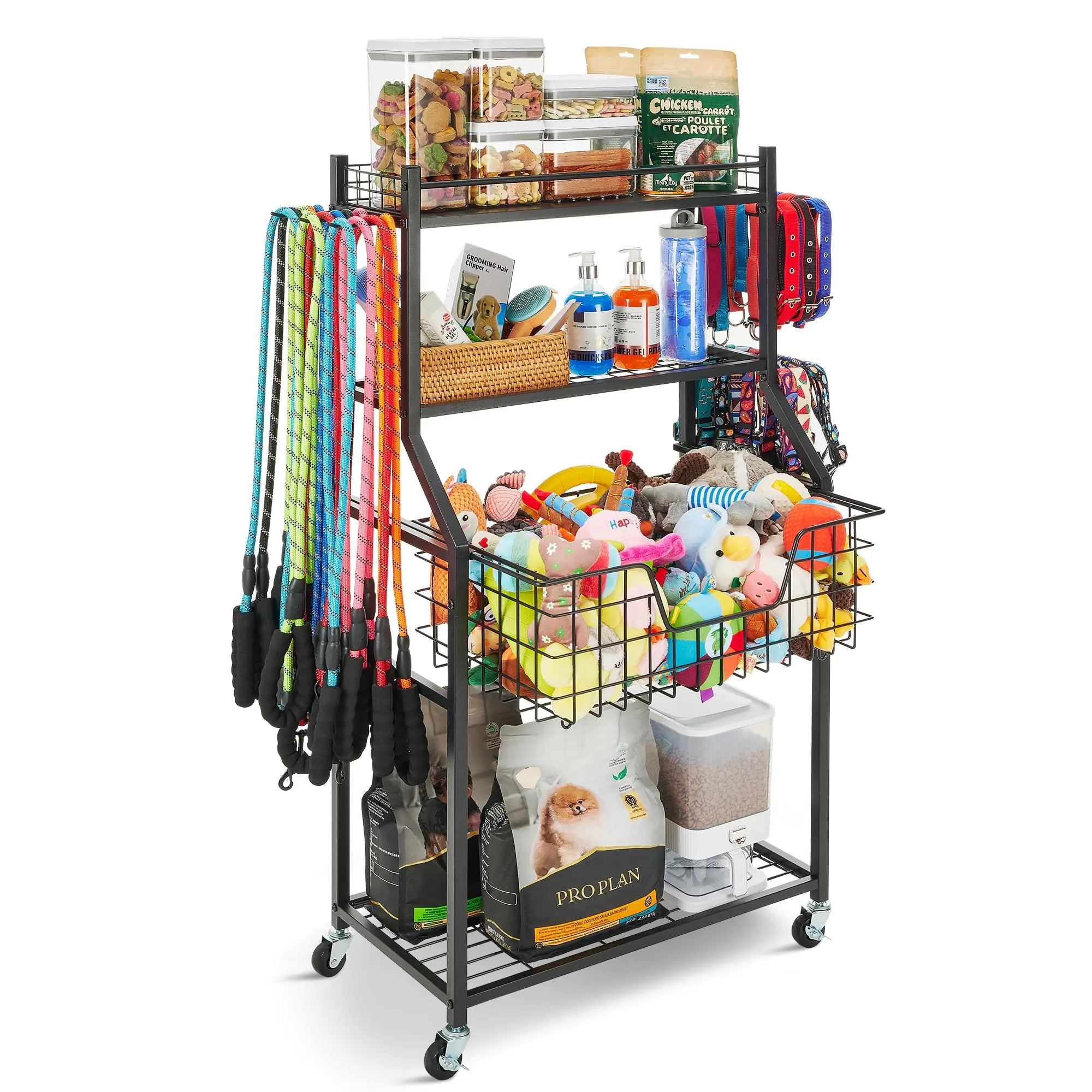 Dog Toy Storage Basket with Wheels & Hooks