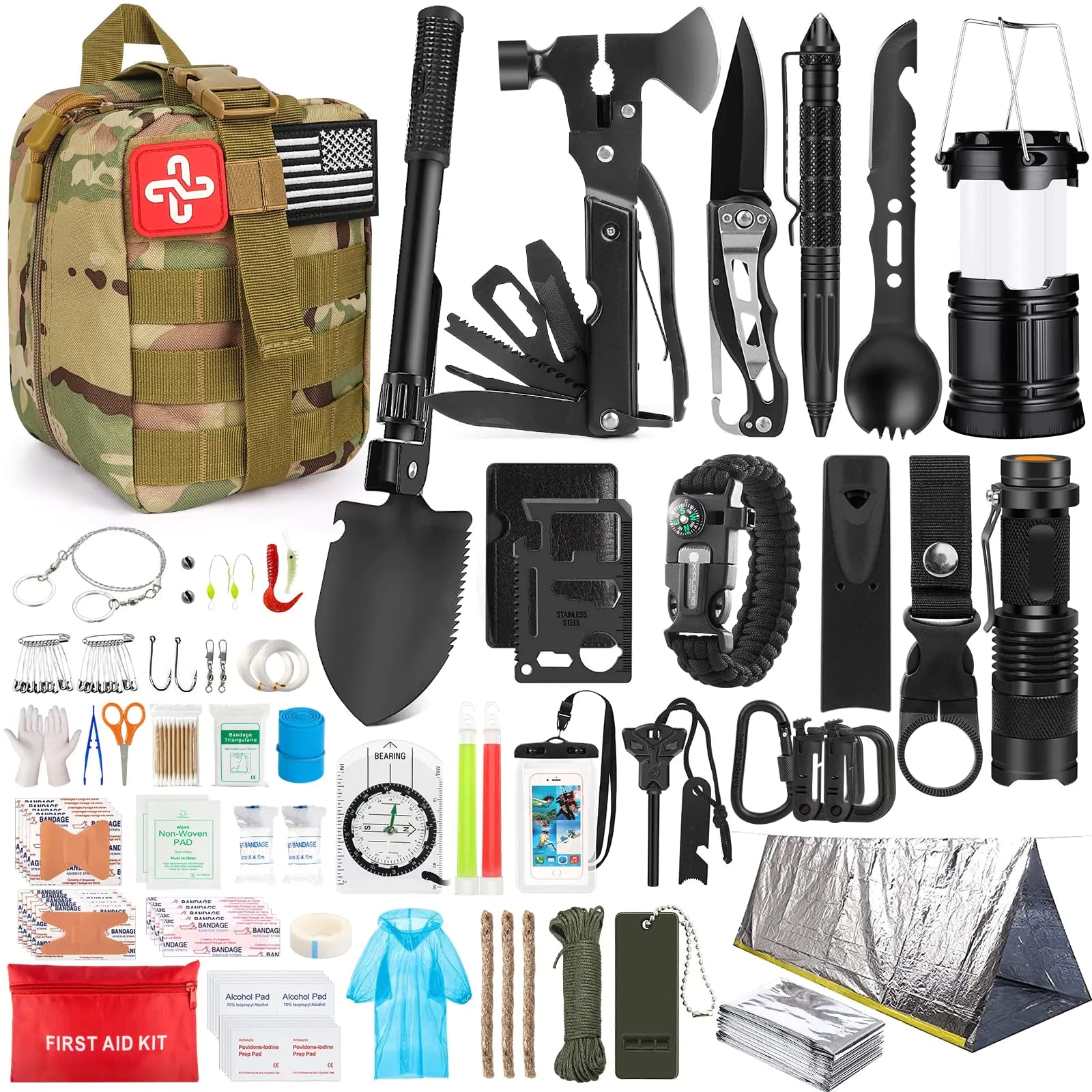 250 Piece Survival Kit with First Aid & MOLLE Bag - Emergency Tent Included